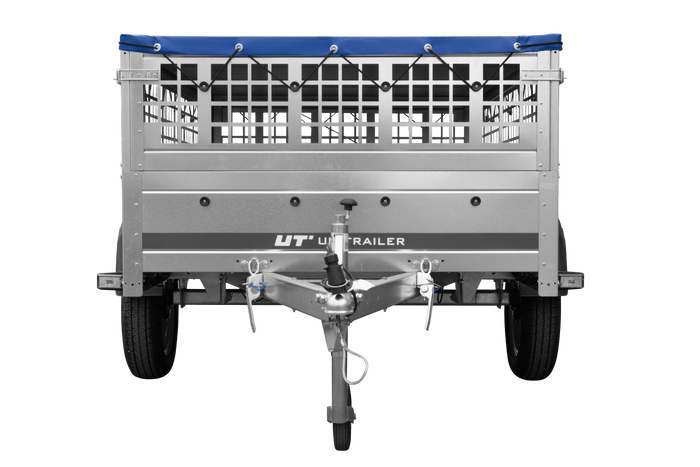 PKW-Anhänger 200x125 UNITRAILER GARDEN 201 KIPP mit Gitteraufsatz und blauer Flachplane 
