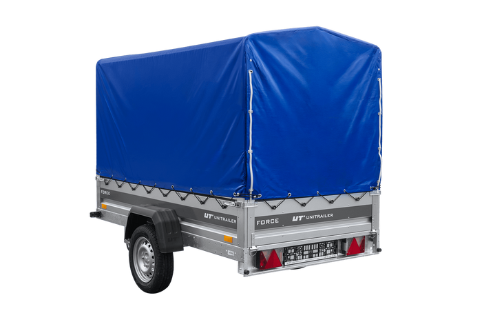 Ungebremster Anhänger 230x125 UNITRAILER FORCE 230 KIPP mit H-1100 Spriegel und blauer Hochplane