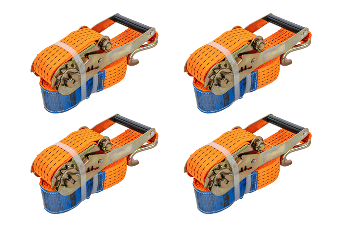 Satz aus vier orangefarbenen UNITRAILER 4m/50mm/5t Transportgurten mit Spannvorrichtung