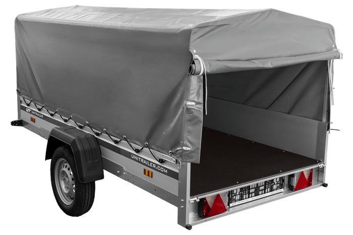 Einachsanhänger mit Aluminiumseitenwänden 264x125 Unitrailer Garden 264 KIPP ALU mit H-800 Rahmen und grauer Plane