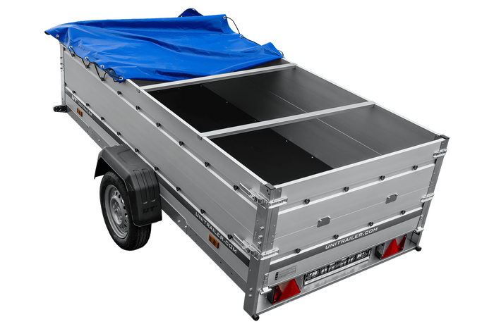Einachsanhänger mit Aluminiumseitenwänden 264x125 Unitrailer Garden 264 KIPP ALU mit BIS-Seitenwänden, H-0-Rahmen und blauer Plane