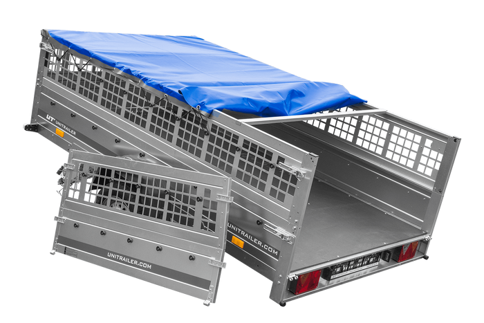 Anhänger 264x150 UNITRAILER GARDEN 265 KIPP mit Gitteraufsatz, Flachplanenträgern und blauer Plane