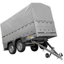 2-Achs Pkw-Anhänger UNITRAILER GARDEN TRAILER 264/2 KIPP mit Stützrad, Bordwandaufsatz, H-800 Rahmen und grauer Plane