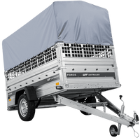 Autotransportanhänger auf Federn 230x125 UNITRAILER FORCE 230/R KIPP mit Gitterwänden, H-800 Rahmen und grauer Plane