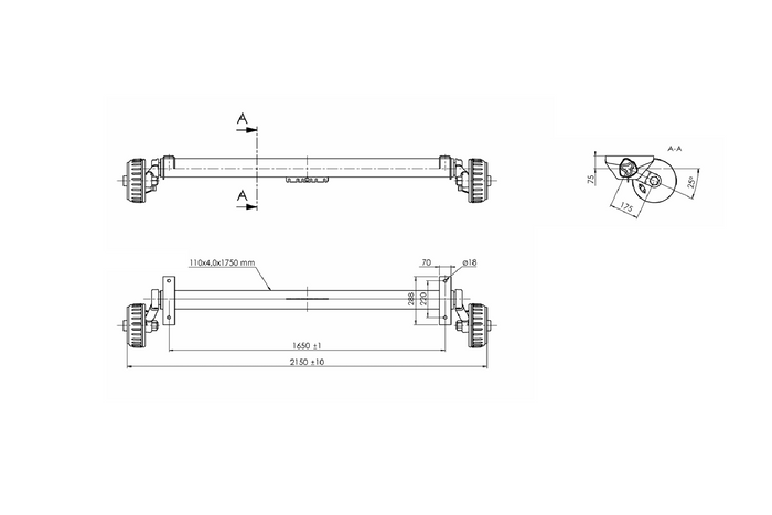 AL-KO EURO gebremste Achse für Anhänger/Autotransporter 1800 kg 1650 mm 2150 mm 5x112