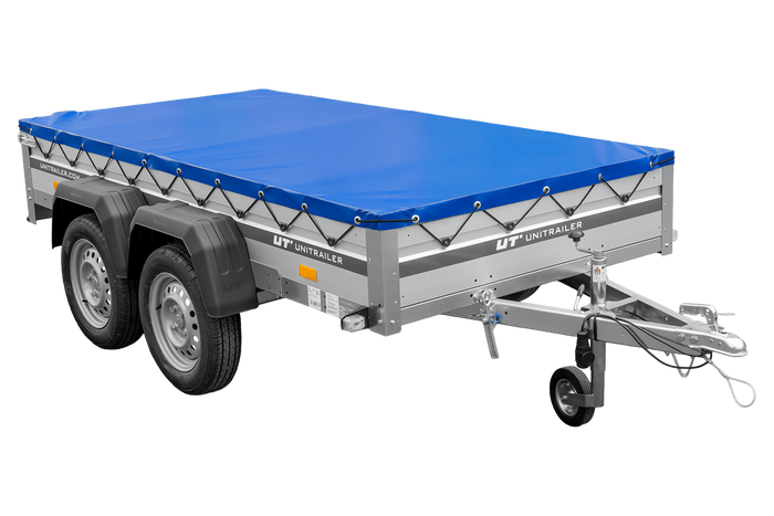 Zweiachsiger Anhänger mit Aluminiumseitenwänden 264x125 Unitrailer Garden 264/2 KIPP ALU mit H-0-Rahmen und blauer Plane