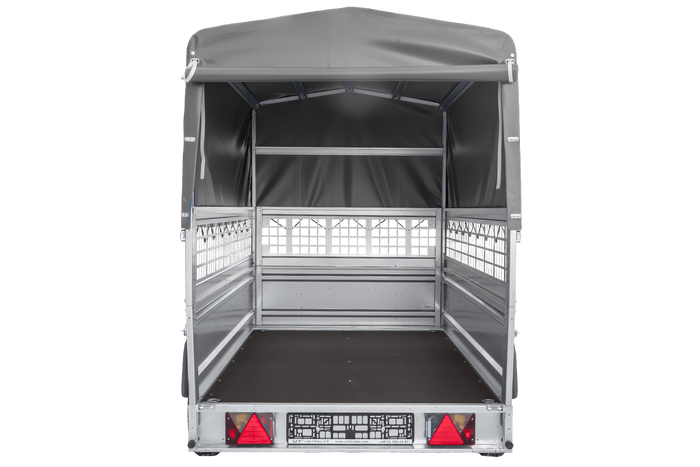 Einachsanhänger 230x125 UNITRAILER FORCE 230 KIPP mit Gitterseitenwänden, H-800 Rahmen und grauer Plane