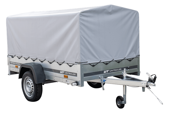 PKW-Anhänger 230x125 UNITRAILER GARDEN 230 KIPP mit Spriegel 80 cm und grauer Hochplane