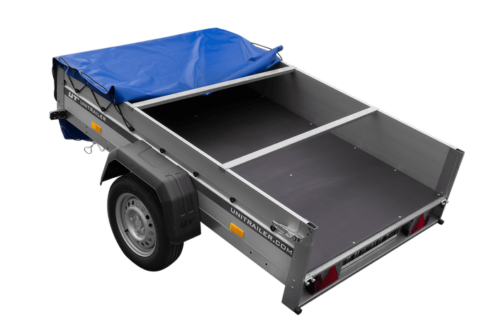 Einachsanhänger mit Aluminiumseitenwänden 200x125 Unitrailer Garden 201 KIPP ALU mit H-0-Rahmen und blauer Plane