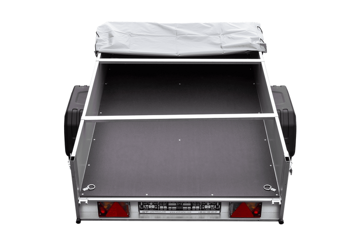 Einachsiger Anhänger auf Blattfedern mit Aluminiumseitenwänden 200x125 Unitrailer Garden 201/R KIPP ALU mit H-0-Rahmen und grauer Plane