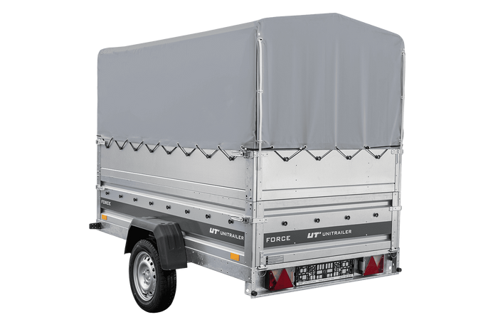 Autotransportanhänger 230x125 UNITRAILER FORCE 230 KIPP mit BIS-Seitenwänden, H-800-Rahmen und grauer Plane