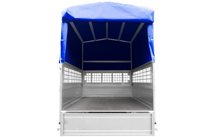 Einachsanhänger auf Federn 200x125 UNITRAILER GARDEN 201/R KIPP mit Gitterwänden, H-800-Rahmen und blauer Plane