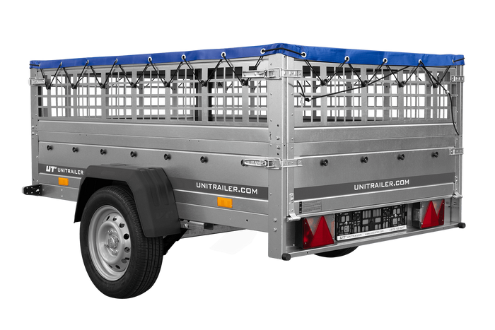 PKW-Anhänger auf Federn 200x125 UNITRAILER GARDEN 201/R KIPP mit Gitterwänden, H-0-Rahmen und blauer Plane