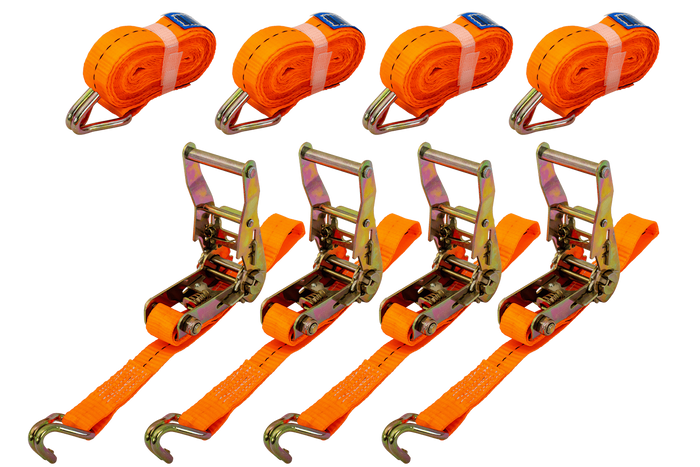 Satz aus vier UNITRAILER 4m/25mm/1t orangefarbenen Transportgurten mit Spannvorrichtung