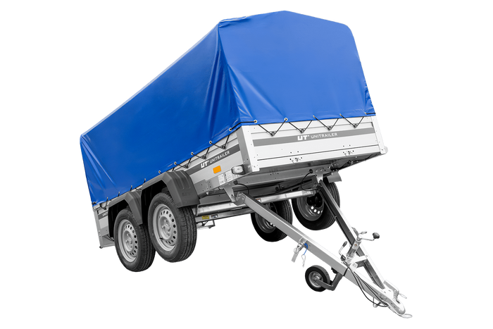 Zweiachsiger Anhänger mit Aluminiumseitenwänden 264x125 Unitrailer Garden 264/2 KIPP ALU mit H-800 Rahmen und blauer Plane