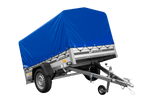 Autotransportanhänger auf Federn mit Aluminiumseitenwänden 200x125 Unitrailer Garden 201/R KIPP ALU mit H-800 Rahmen und blauer Plane
