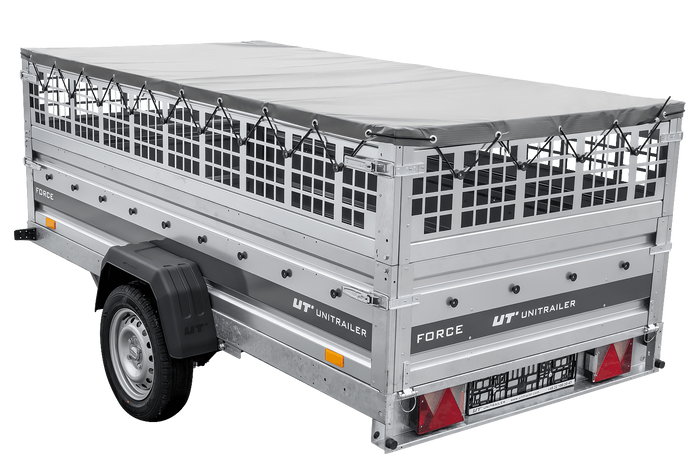 Einachsiger Anhänger auf Blattfedern 264x125 UNITRAILER FORCE 264/R KIPP mit Gitterseitenwänden, H-0-Rahmen und grauer Plane