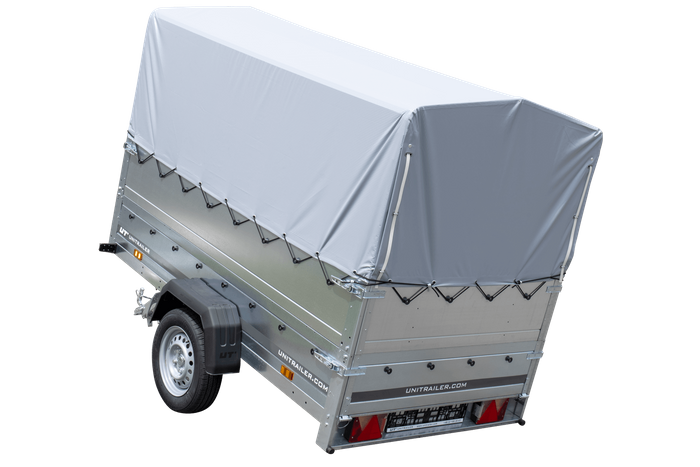 PKW-Anhänger 230x125 UNITRAILER GARDEN 230 KIPP mit Zusatzbordwändenund grauer Hochplane 80 cm