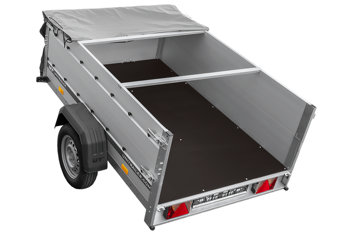 Autotransportanhänger mit Aluminiumwänden 200x125 Unitrailer Garden 201 KIPP ALU mit BIS-Seitenwänden, H-0-Rahmen und grauer Plane