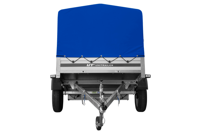 Einachsanhänger mit Aluminiumseitenwänden 200x125 Unitrailer Garden 201 KIPP ALU mit H-800 Rahmen und blauer Plane