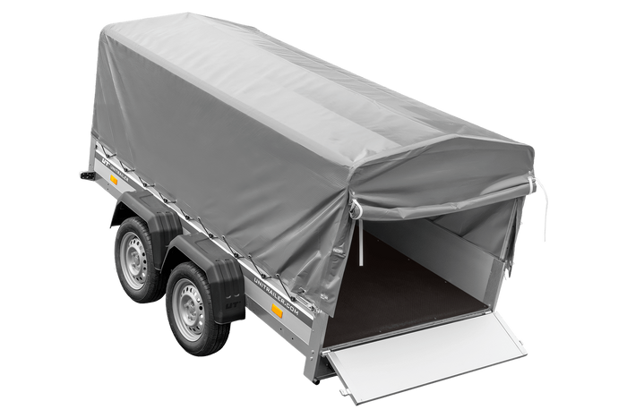 Zweiachsiger Anhänger mit Aluminiumseitenwänden 264x125 Unitrailer Garden 264/2 KIPP ALU mit H-800 Rahmen und grauer Plane
