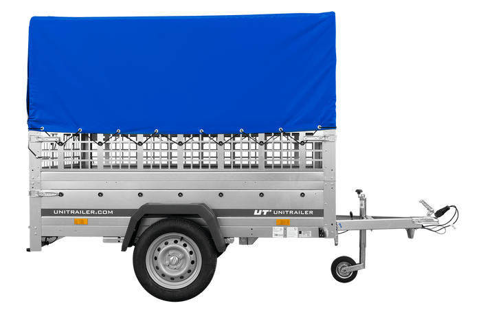 Einachsanhänger auf Federn 200x125 UNITRAILER GARDEN 201/R KIPP mit Gitterwänden, H-800-Rahmen und blauer Plane