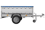 Autotransportanhänger mit Aluminiumwänden 200x125 Unitrailer Garden 201 KIPP ALU mit BIS-Seitenwänden, H-0-Rahmen und blauer Plane