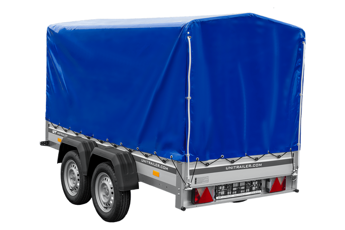 Zweiachsiger Anhänger mit Aluminiumseitenwänden 264x125 Unitrailer Garden 264/2 KIPP ALU mit Rahmen H-1100 und blauer Plane