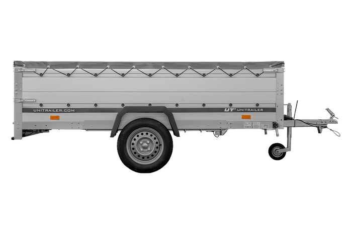 Einachsanhänger mit Aluminiumseitenwänden 264x150 Unitrailer Garden 265 KIPP ALU mit BIS-Seitenwänden, H-0-Rahmen und grauer Plane