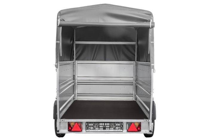 Einachsiger Federanhänger 230x125 UNITRAILER FORCE 230/R KIPP mit BIS-Seitenwänden, H-800-Rahmen und grauer Plane