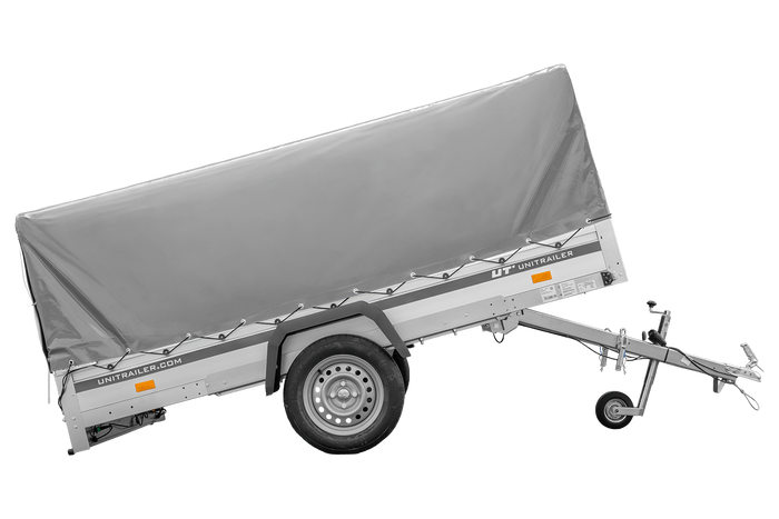 Einachsanhänger mit Aluminiumseitenwänden 264x150 Unitrailer Garden 265 KIPP ALU mit H-800 Rahmen und grauer Plane