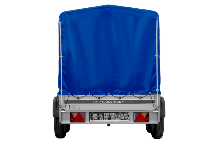 Zweiachsiger Anhänger mit Aluminiumseitenwänden 264x125 Unitrailer Garden 264/2 KIPP ALU mit Rahmen H-1100 und blauer Plane