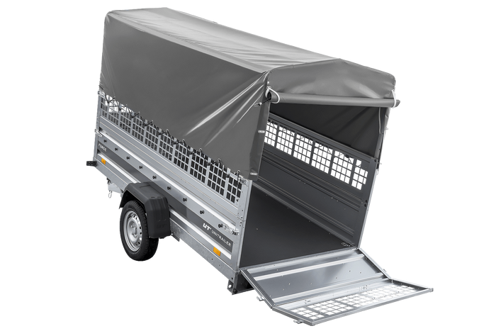 Autotransportanhänger auf Federn 264x125 UNITRAILER FORCE 264/R KIPP mit Gitterwänden, H-800 Rahmen und grauer Plane