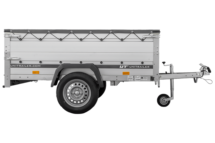 Autotransportanhänger mit Aluminiumwänden 200x125 Unitrailer Garden 201 KIPP ALU mit BIS-Seitenwänden, H-0-Rahmen und grauer Plane