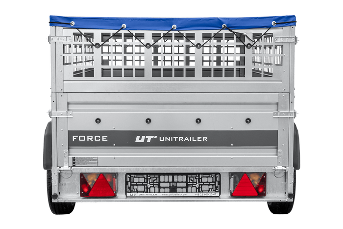 Leichter Anhänger auf Federn 230x125 UNITRAILER FORCE 230/R KIPP mit Gitterwänden, H-0-Rahmen und blauer Plane