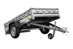 Einachsiger Anhänger auf Blattfedern mit Aluminiumseitenwänden 200x125 Unitrailer Garden 201/R KIPP ALU mit H-0-Rahmen und grauer Plane