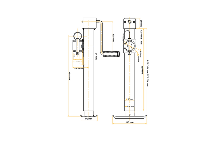 Ausziehbare Stütze mit UNITRAILER TJ5001+TJ5002A Adapter für 1300 kg Pritschenanhänger 364-614 mm