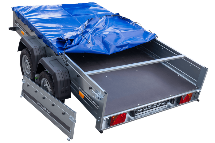 Autotransportanhänger 264x150 UNITRAILER GARDEN 265/2 KIPP mit H-0-Rahmen und blauer Plane