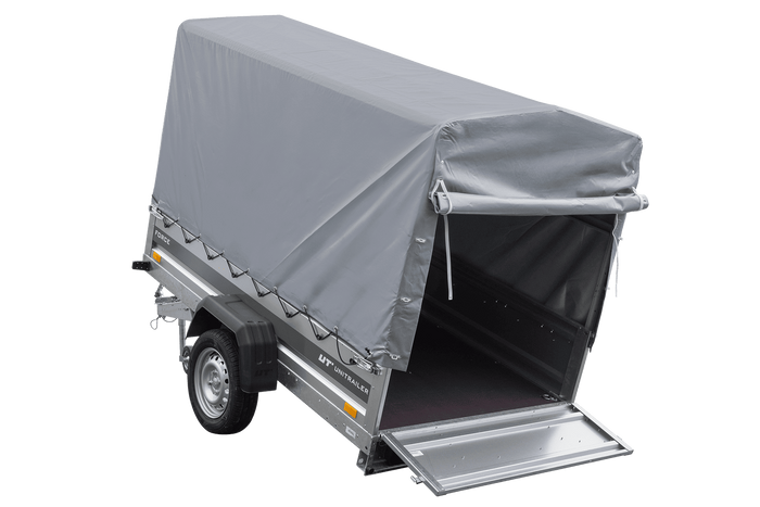 Ungebremster Anhänger 230x125 UNITRAILER FORCE 230 KIPP mit H-1100 Rahmen und grauer Hochplane