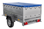 Gartenanhänger 200 Kipp mit Stützrad, zwei Seitenwänden, H-0-Rahmen und blauer Plane