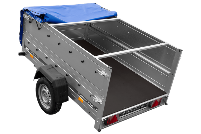 PKW-Anhänger 200x125 UNITRAILER GARDEN 201 KIPP mit Bordwandaufsatz und blauer Flachplane