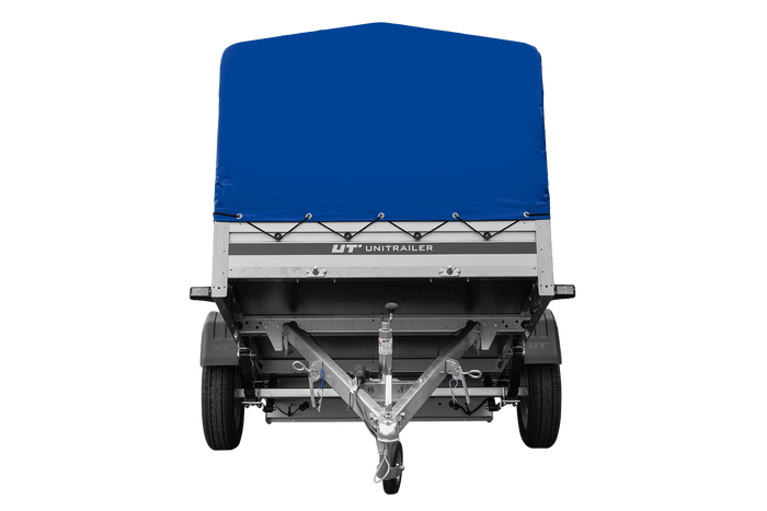 Einachsiger Anhänger auf Blattfedern mit Aluminiumseitenwänden 230x125 Unitrailer Garden 230/R KIPP ALU mit H-800 Rahmen und blauer Plane