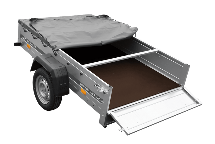 PKW-Anhänger 200x125 UNITRAILER GARDEN 201 KIPP mit grauer Flachplane und Flachplanenträger