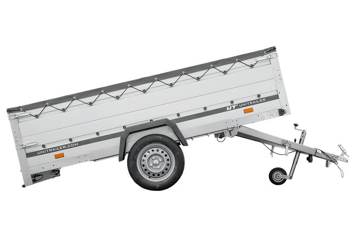 Einachsanhänger mit Aluminiumseitenwänden 264x125 Unitrailer Garden 264 KIPP ALU mit BIS-Seitenwänden, H-0-Rahmen und grauer Plane