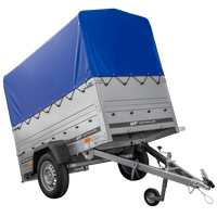 Gartenanhänger 200 Kipp mit Stützrad, zusätzlichen Bordwänden, H-800-Rahmen und blauer Plane