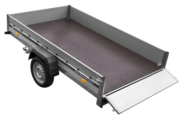 Autoanhänger mit Aluminiumseitenwänden 264x150 Unitrailer Garden 265 KIPP ALU mit H-1100 Rahmen und blauer Plane