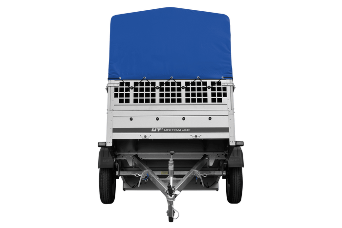 PKW-Anhänger 200x125 UNITRAILER GARDEN 201 KIPP mit Gitteraufsatz und blauer Hochplane