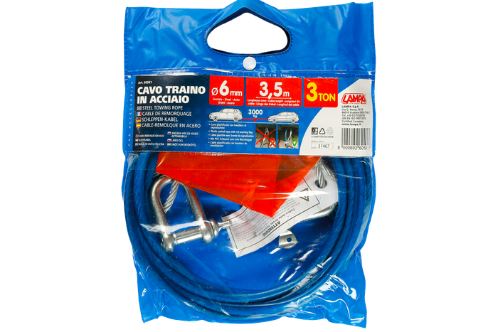 Abschleppseil mit Schäkel LAMPA Stahlseil 3,5m/6mm/3t blau