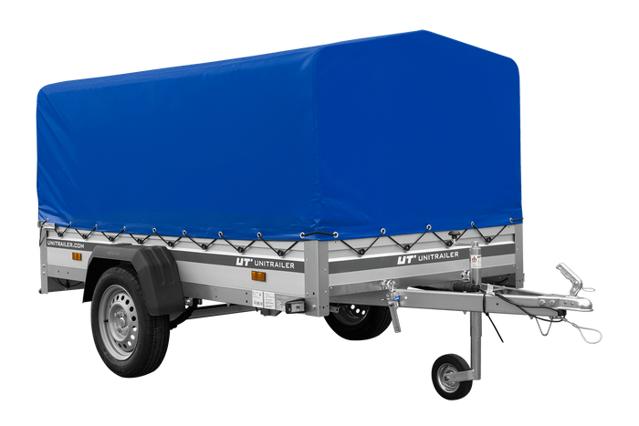 Einachsiger Anhänger auf Blattfedern mit Aluminiumseitenwänden 230x125 Unitrailer Garden 230/R KIPP ALU mit H-800 Rahmen und blauer Plane