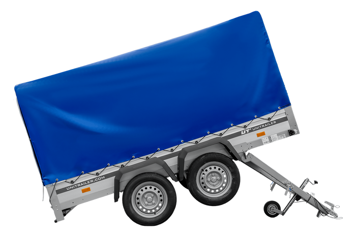 Zweiachsiger Anhänger mit Aluminiumseitenwänden 264x125 Unitrailer Garden 264/2 KIPP ALU mit Rahmen H-1100 und blauer Plane